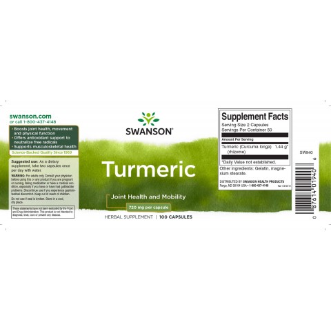 Kurkum Turmeric, Swanson, 720 mg, 100 kapslit