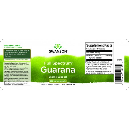 Пищевая добавка Guarana, Swanson, 500 мг, 100 капсул