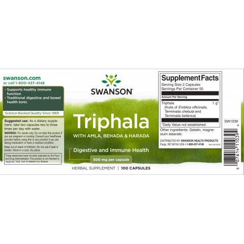 Triphala, Swanson, 500 mg, 100 kapslit