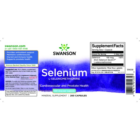 Seleen Selenium L-selenometioniin, Swanson, 100mcg, 200 kapslit