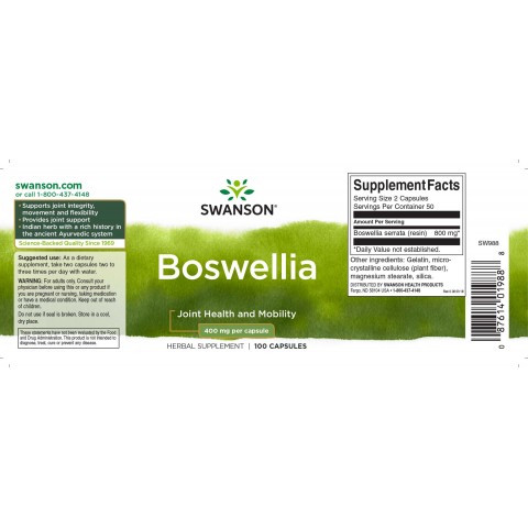 Boswellia pulber, Swanson, 400mcg, 100 kapslit