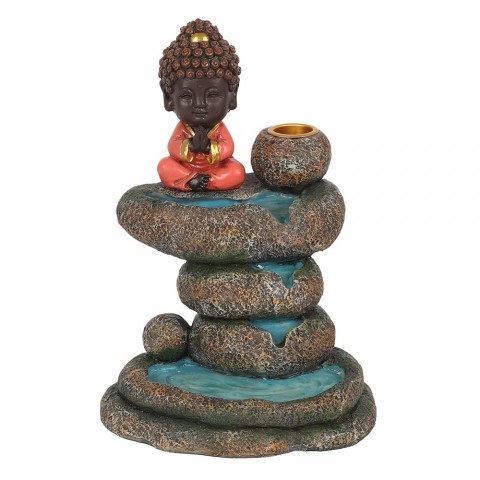 Reversible Waterfall Effect Incense Holder Red Buddha on Pond Rock