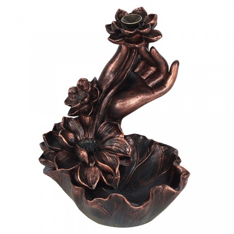 Reverse Waterfall Effect Incense Holder Bronze hand with flower