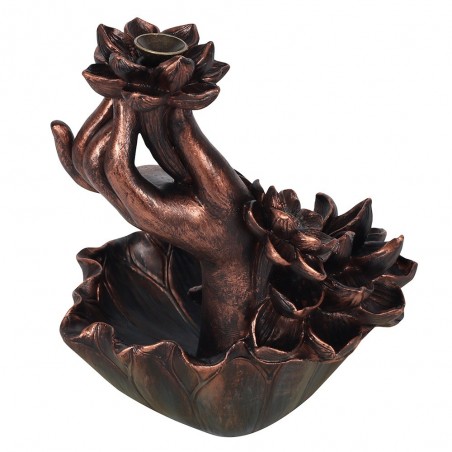 Reverse Waterfall Effect Incense Holder Bronze hand with flower