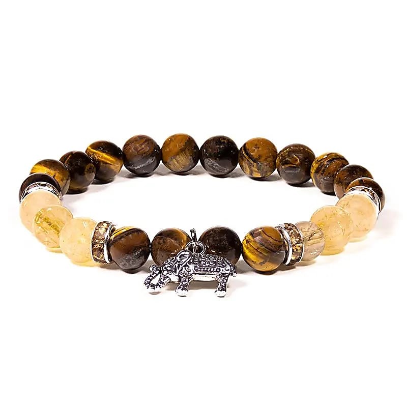 Bracelet with tiger's eye and rutile quartz and elephant, 8mm