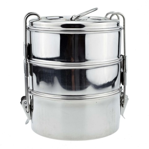Authentic, traditional Indian lunch box Tiffin-Box Bombay, 3 tiers, stainless steel, large