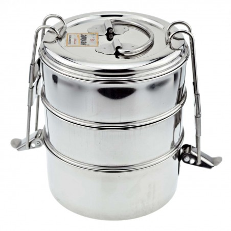 Authentic, traditional Indian lunch box Tiffin-Box Bombay, 3 tiers, stainless steel, large