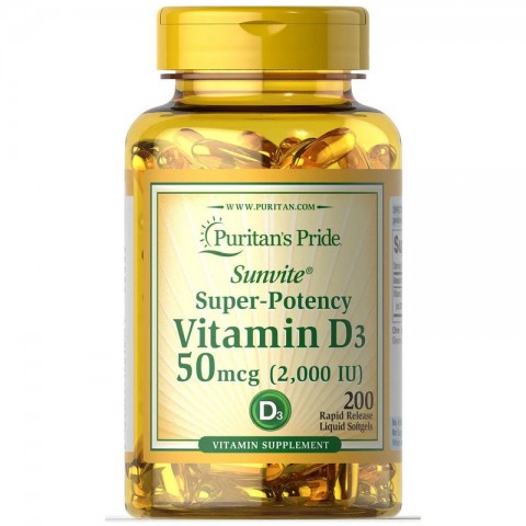 D3-vitamiin 2000 IU, Puritan's Pride, 50mcg, 200 pehmendavat tabletti