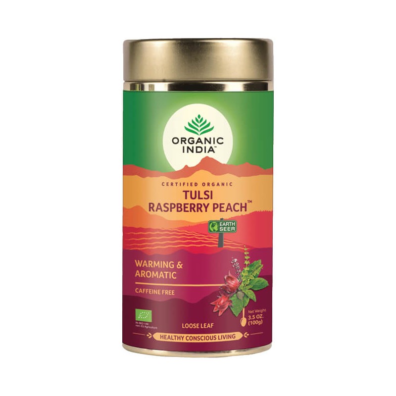 Ароматный согревающий аюрведический чай Тулси Малина Персик, некрепкий, Organic India, 100 г