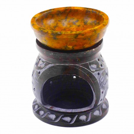 Soapstone incense burner Mandala Flower Black & Yellow, 10 cm