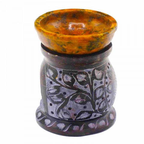 Soapstone incense burner Mandala Flower Black & Yellow, 10 cm