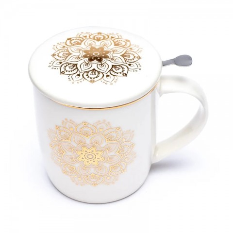 Tea cup with strainer Mandala, white, 400ml