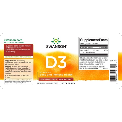 Vitamiin D3 1000TV, 25 mcg, Swanson, 250 kapslit