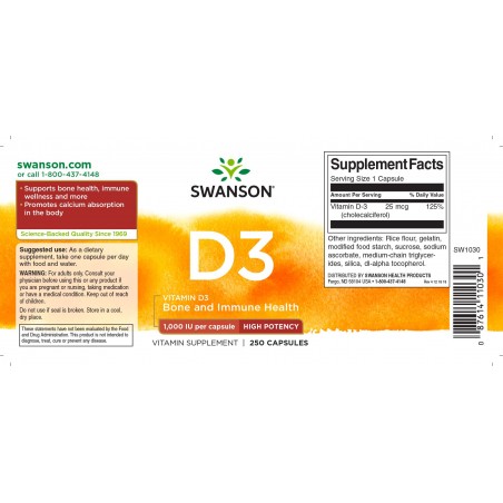 Vitamiin D3 1000TV, 25 mcg, Swanson, 250 kapslit