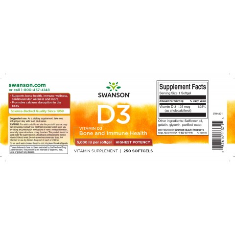 Vitamiin D3 5000 IU, 125 mcg, Swanson, 250 kapslit