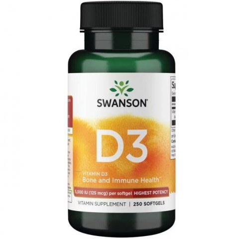 Vitamiin D3 5000 IU, 125 mcg, Swanson, 250 kapslit