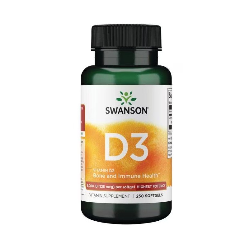 Vitamiin D3 5000 IU, 125 mcg, Swanson, 250 kapslit