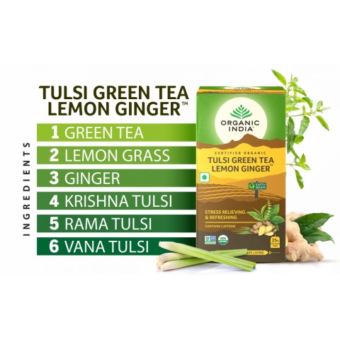 Аюрведический чай Тулси Лимон Имбирь, Organic India, 25 пакетиков