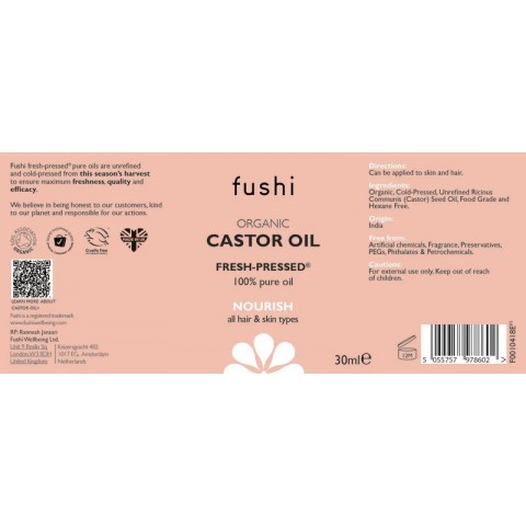 Castor oil, organic, cold pressed, Fushi, 30ml