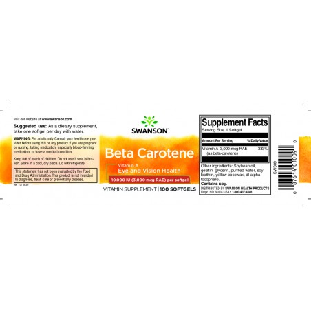 A-vitamiini beetakaroteen, Swanson, 3000mcg, 100 kapslit