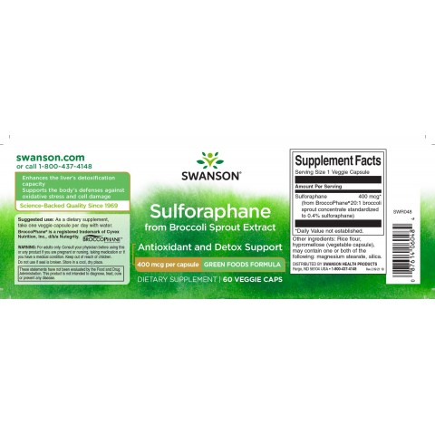 Brokkoli ekstrakt Sulforaphane, Swanson, 400mcg, 60 kapslit