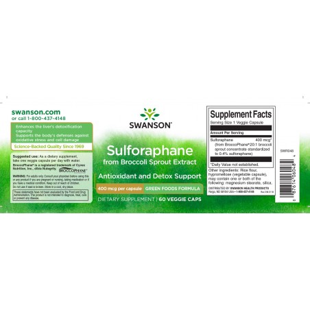Brokkoli ekstrakt Sulforaphane, Swanson, 400mcg, 60 kapslit