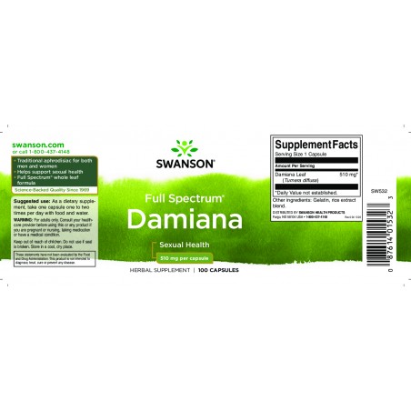 Damiana lehed Turnera Diffusa, Swanson, 510mg, 100 kapslit
