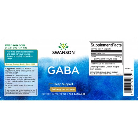 Gamma-amino butyric acid GABA, Swanson, 500mg, 100 capsules