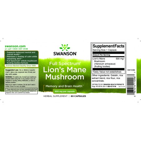 Lõvipea seen, Swanson, 500mg, 60 kapslit