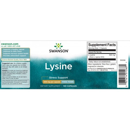 L-Lüsiin Lysine, Swanson, 500mg, 100 kapslit