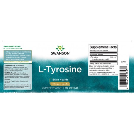 L-Türosiin L-Tyrosine, Swanson, 500mg, 100 kapslit