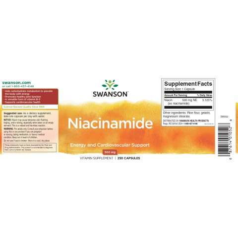 Vitamiin B3 Niatsiin, Swanson, 500mg, 250 kapslit