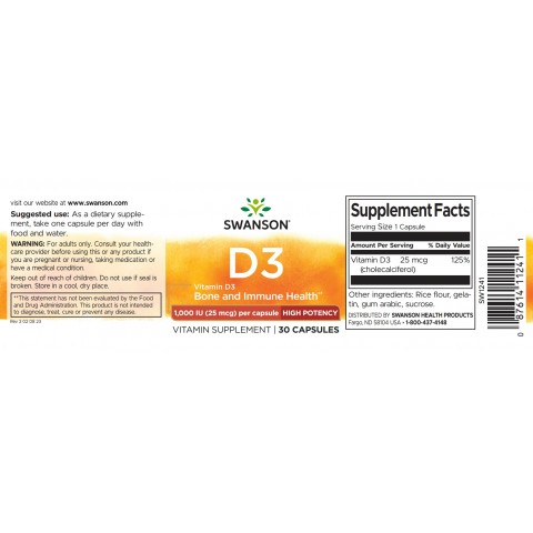 Vitamiin D3 1000TV, 25 mcg, Swanson, 30 kapslit