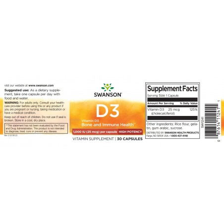 Vitamiin D3 1000TV, 25 mcg, Swanson, 30 kapslit