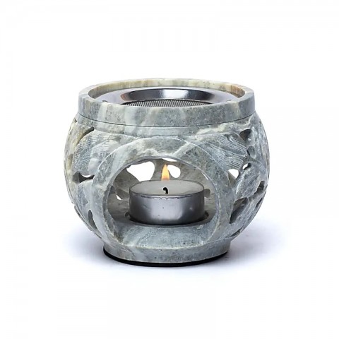 Multifunctional marble soap stone incense burner Floral motif, 12cm