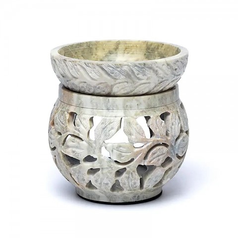 Multifunctional marble soap stone incense burner Floral motif, 12cm