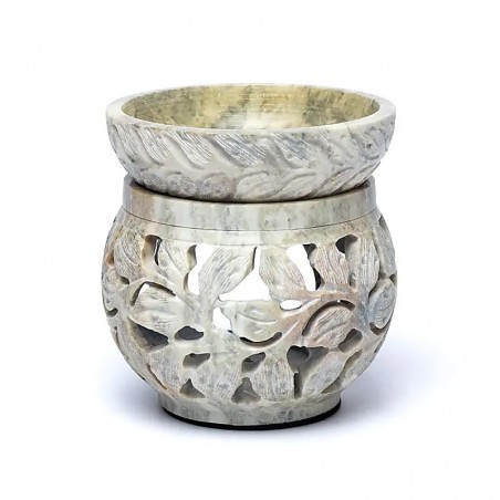 Multifunctional marble soap stone incense burner Floral motif, 12cm