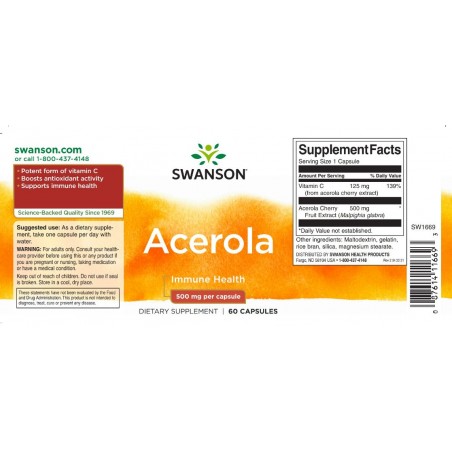 Acerola looduslik C-vitamiin, Swanson, 125mg, 60 kapslit