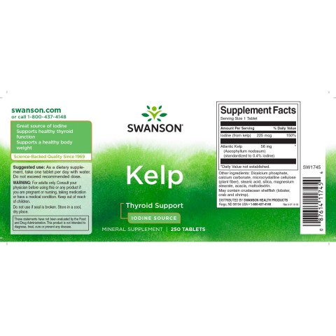 Pruun merevetikad Kelp, Swanson, 225 mg, 250 tabletti