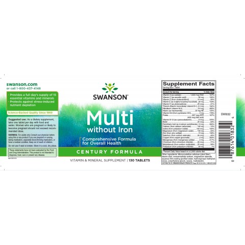 Super Multivitamin and Mineral Complex without Iron, Swanson, 1500mg, 130 tablets