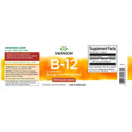 Vitamiin B12 (tsüanokobalamiin), Swanson, 500mg, 100 kapslit