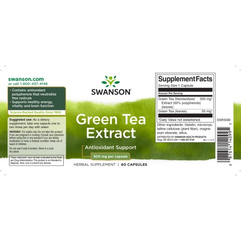 Rohelise tee ekstrakt Roheline tee, Swanson, 500mg, 60 kapslit