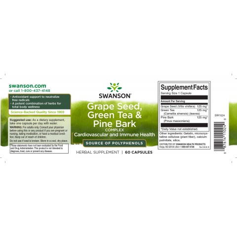 Viinamarjaseemne, rohelise tee ja männikoore kompleks, Swanson, 475 mg, 60 kapslit