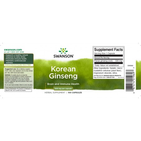 Korea ženšenn, Swanson, 500 mg, 100 kapslit