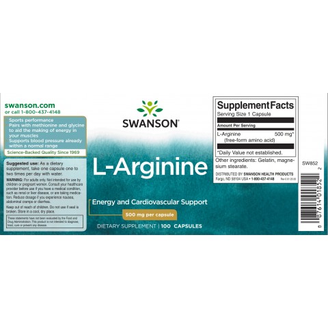 Toidulisand L-Arginiin, Swanson, 500mg, 100 kapslit